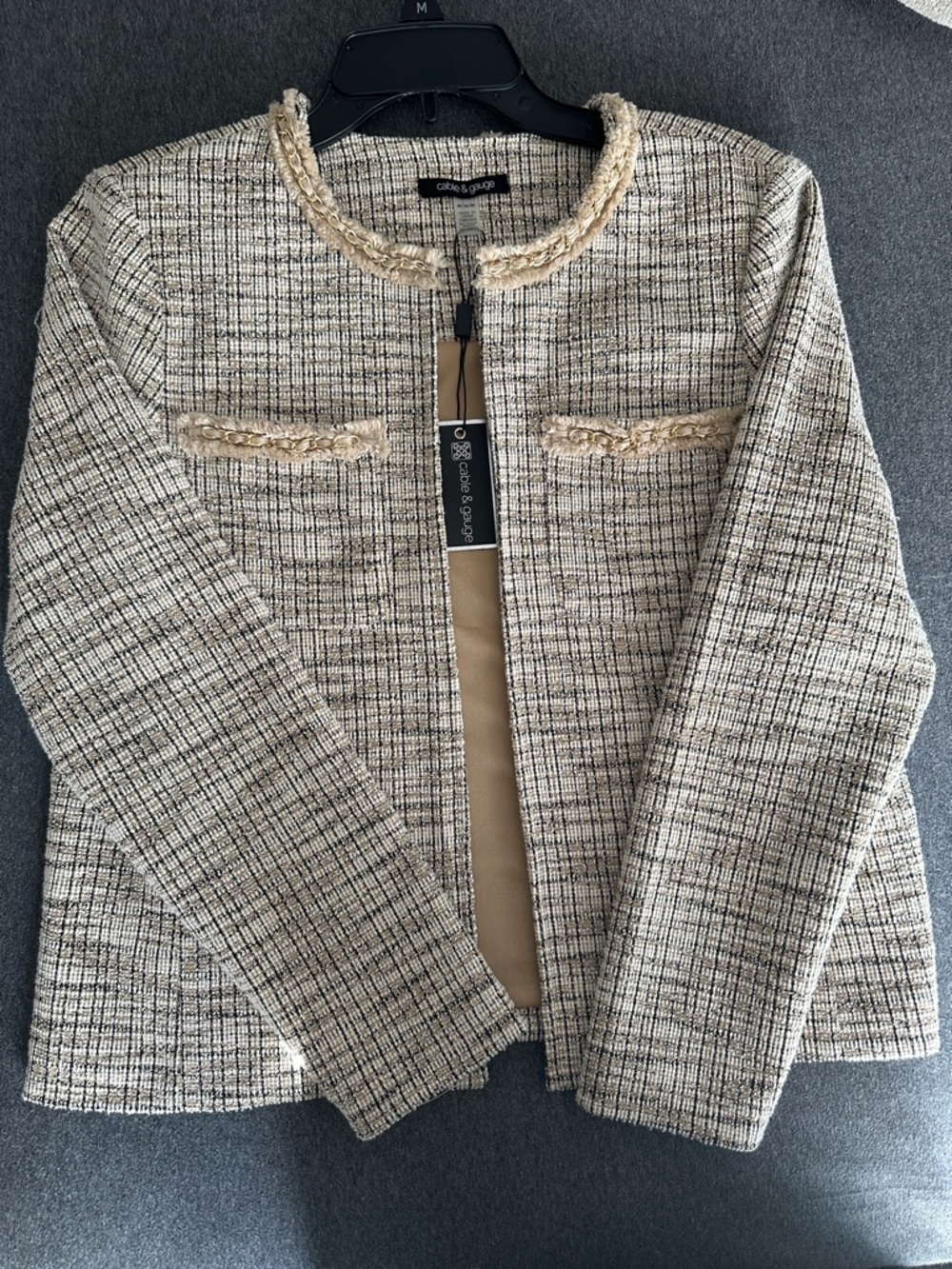 Cable & Gauge Cream and Black Tweed Collarless Blazer with Fringe Trim